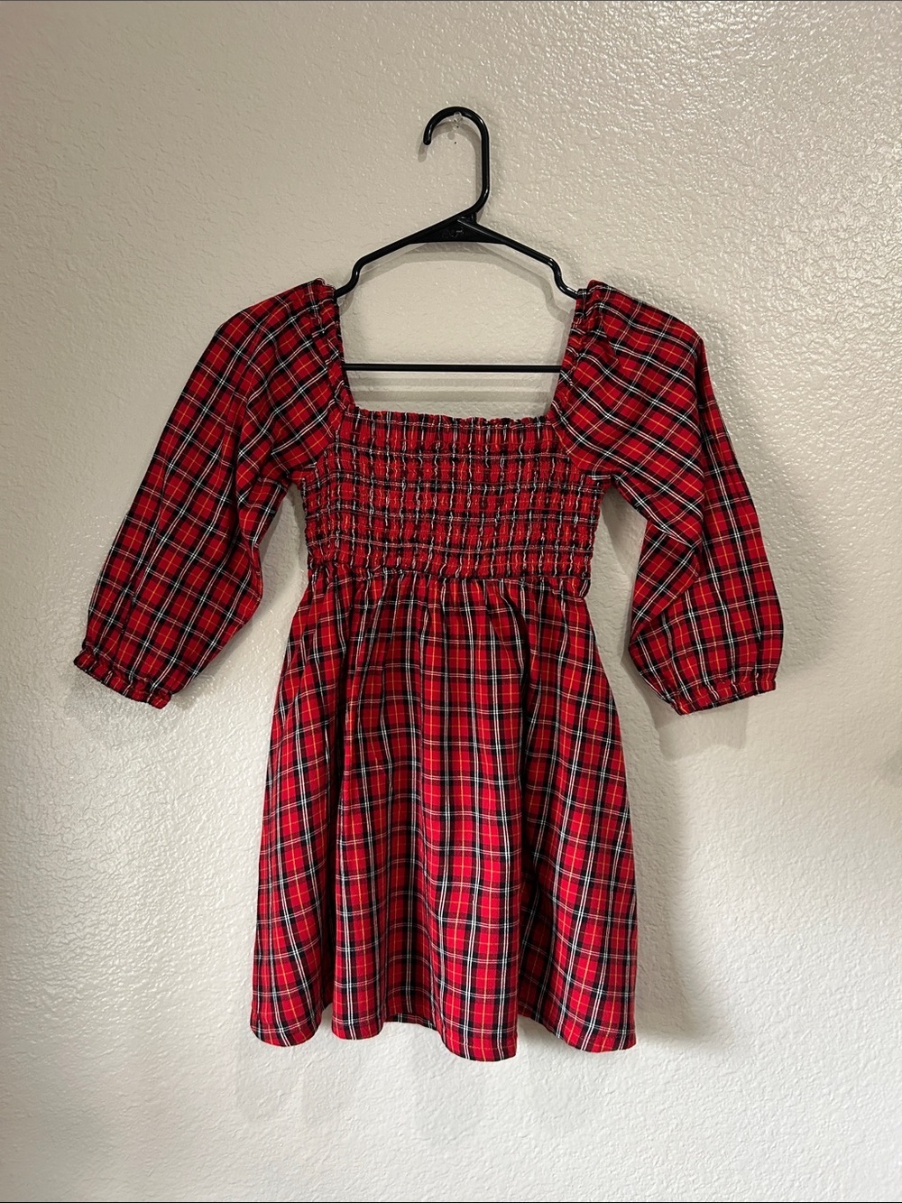 Old Navy Girls Red Plaid Smocked Dress Sz 6/7 Long Sleeve Summer Party Formal